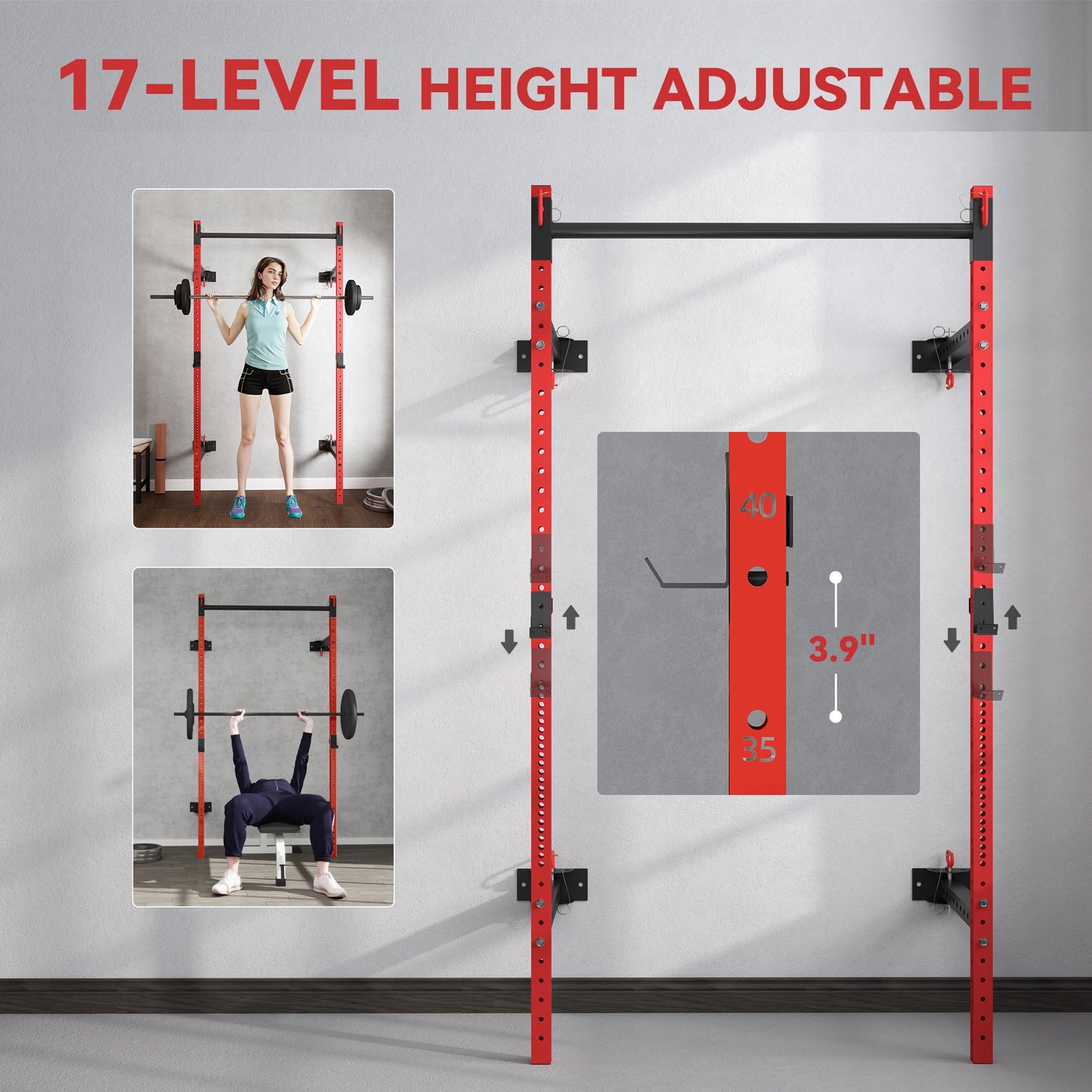 Web Based Folding Squat Rack with Pull Up Bar, Wall Mounted and Adjustable, 1000 Pounds Capacity Power Rack, Red