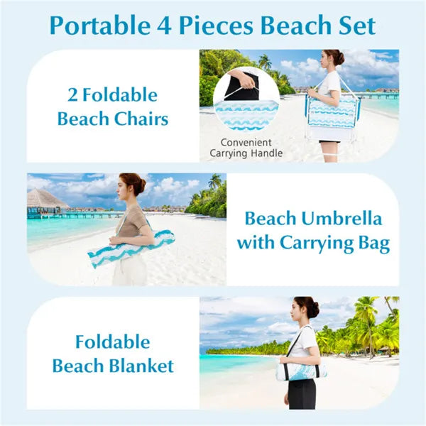 Web Based 4-Piece Beach Set With 6.2ft Sun-Proof Umbrella, 2 Folding Chairs & 80 X 80 Waterproof Blanket-Blue