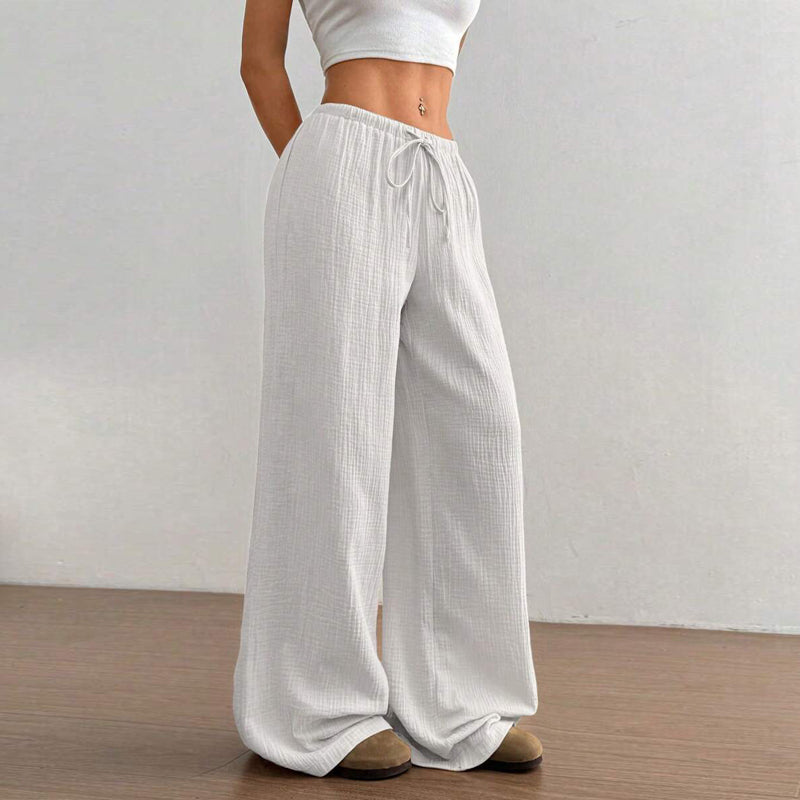 Web Based Plus Size Women's Solid Color High-Waisted Wide Leg Pants Drawstring Waist Casual Trousers For Spring And Autumn