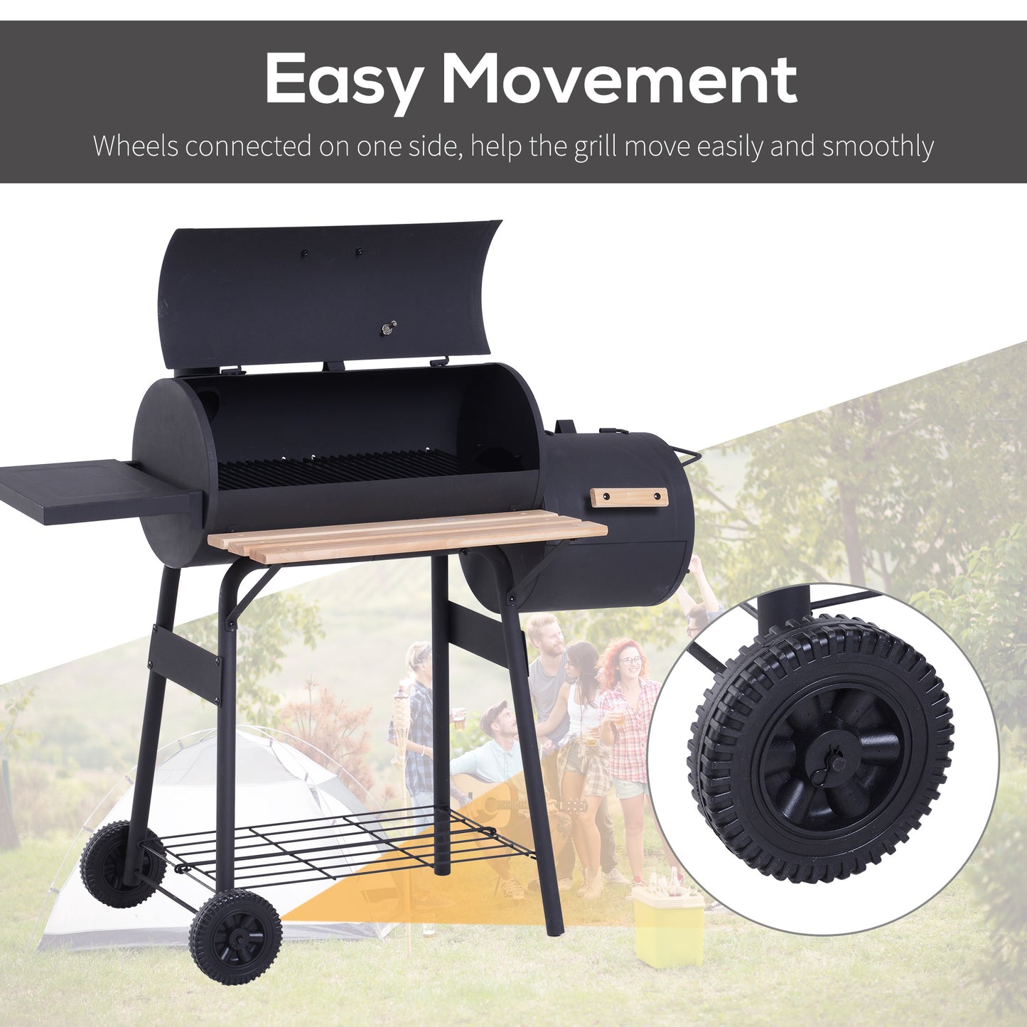 Web Based Charcoal BBQ, Portable Grill with Wheels, All-in-One Grill, Side vent, Two Shelves and Metal Grating, Lit-Mounted Thermometer, Wooden Handle, for Outdoor Cooking, Black