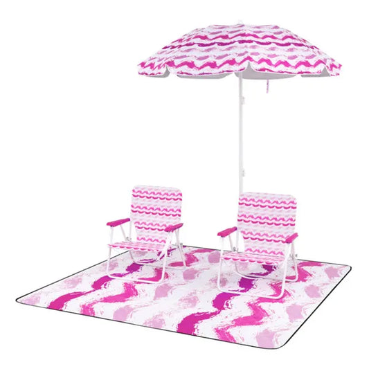 Web Based 4-Piece Beach Set With 6.2ft Sun-Proof Umbrella, 2 Folding Chairs & 80 X 80 Waterproof Blanket-Pink