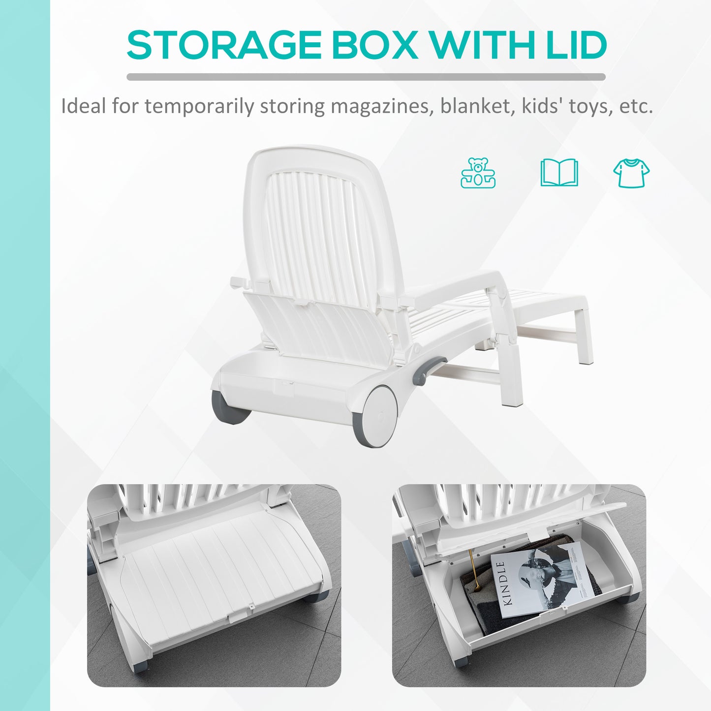 Web Based Outdoor Chaise Lounge Chair on Wheels with Storage Box