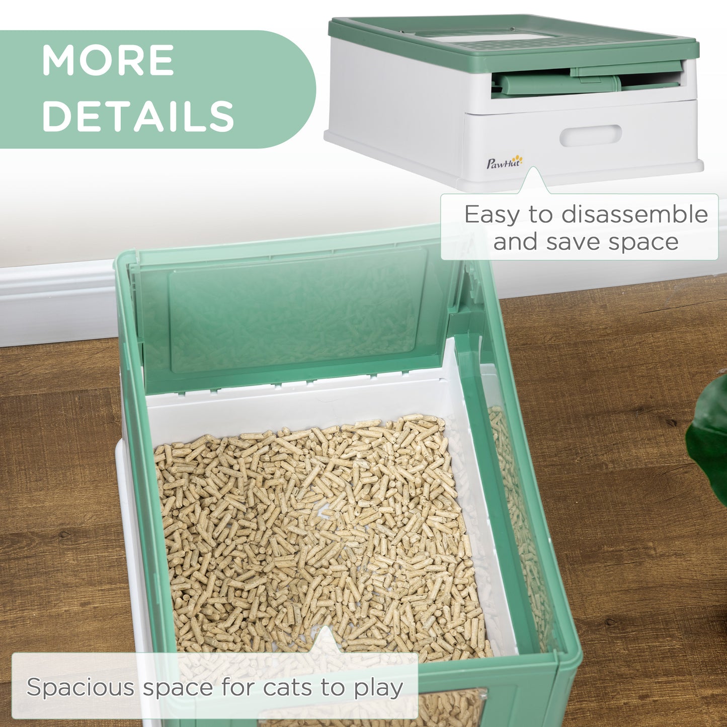 Web Based Fully Enclosed Cat Litter Box with Front Entry and Top Exit, Plastic, Green & White