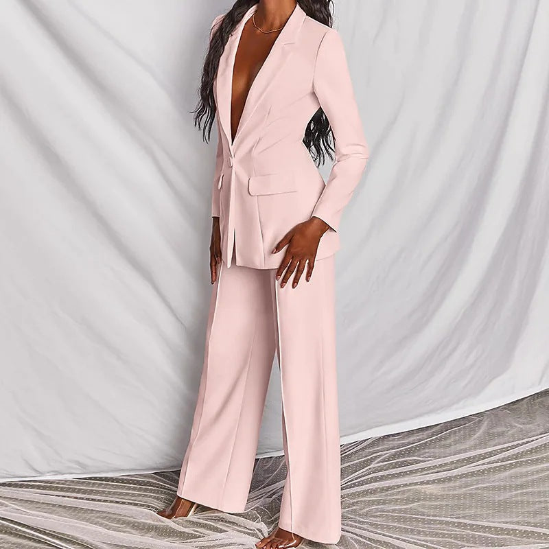 Web Based 2pcs Casual Suit Lapel Button-down Blazer Jacket And Straight-leg Pants Office Commuting Business Trousers Set Clothing