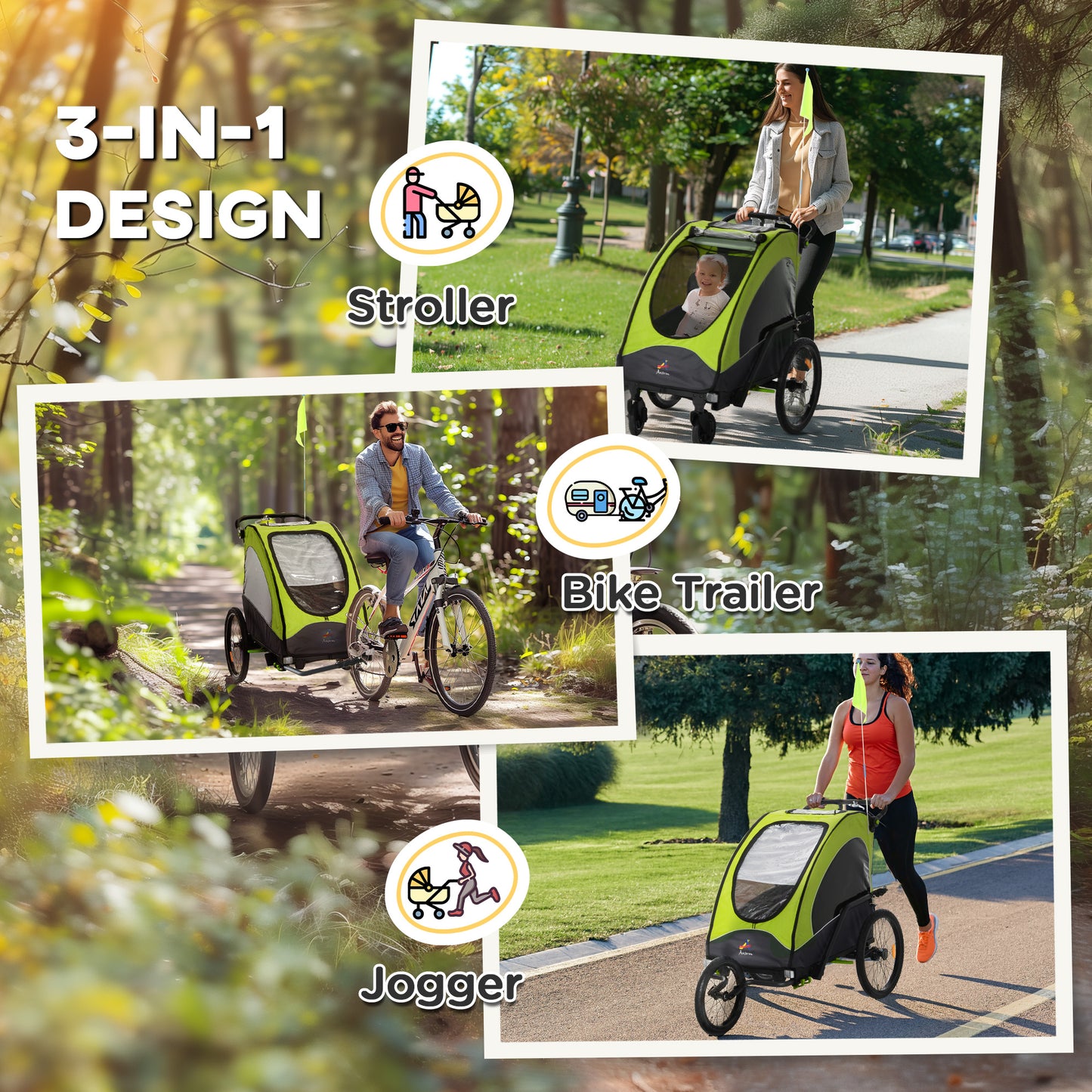 Web Based Bike Trailer for Kids 3 In1 Foldable Child Jogger Stroller Baby Stroller Transport Carrier with Shock Absorber System Rubber Tires Adjustable Handlebar Kid Bicycle Trailer Green and Gray