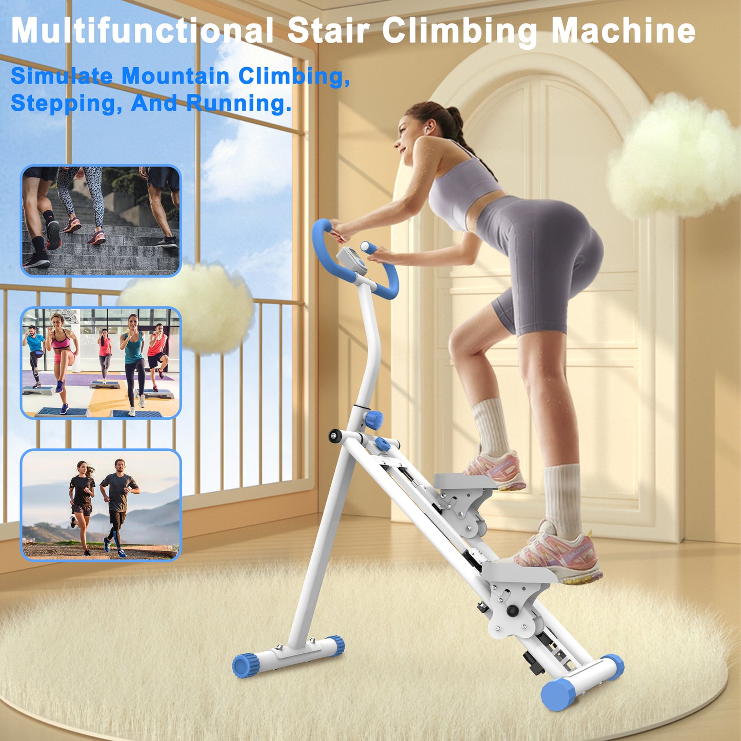 Web Based Stair Stepper With Resistance Home-Upgrade Vertical Climber Workout Machine For Full-Body Exercise Climber Fitness Equipment With Stable Frame Adjustable Handlebar-Blue