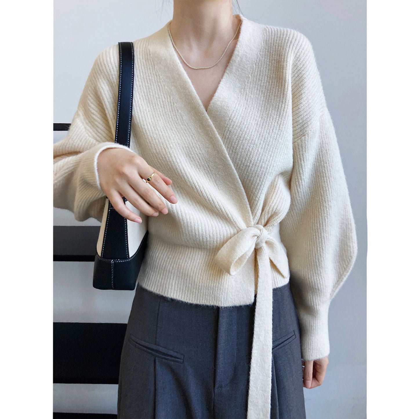 Web Based French Retro Knitted Cardigan Top V-neck Tie Loose Womens Sweater Coat, Handmade Spring Clothing, Womens Clothing