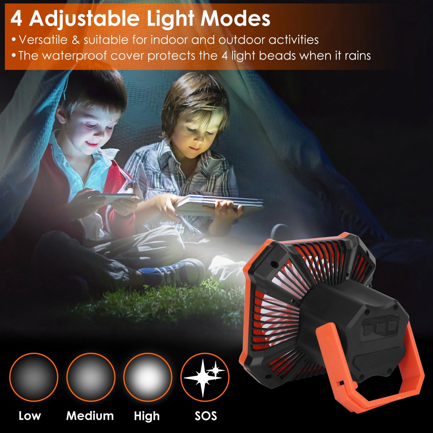 W eb Based Portable Camping Lantern Fan Battery Powered Hanging Fan USB Rechargeable Tent Fan With 4 Light Modes 3 Wind Modes Emergency Power Bank Remote Control Hanging Hook