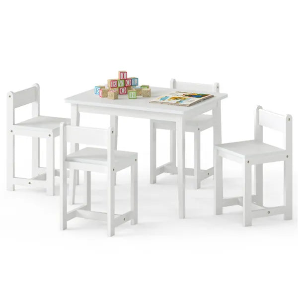 Web Based Kids Wooden Table And Chairs Set (1 Table + 4 Chairs), Rubber Wood Toddler Activity Set (White)