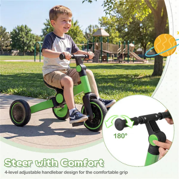 Web Based 5-In-1 Foldable Toddler Tricycle, Adjustable Handlebar & Ergonomic Seat With Removable Pedals - Green