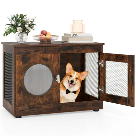Web Based 2-in-1 Dog Crate End Table - Rustic Brown, 88lbs Capacity, Farmhouse Style, 32.5"x18.5"x23.5"