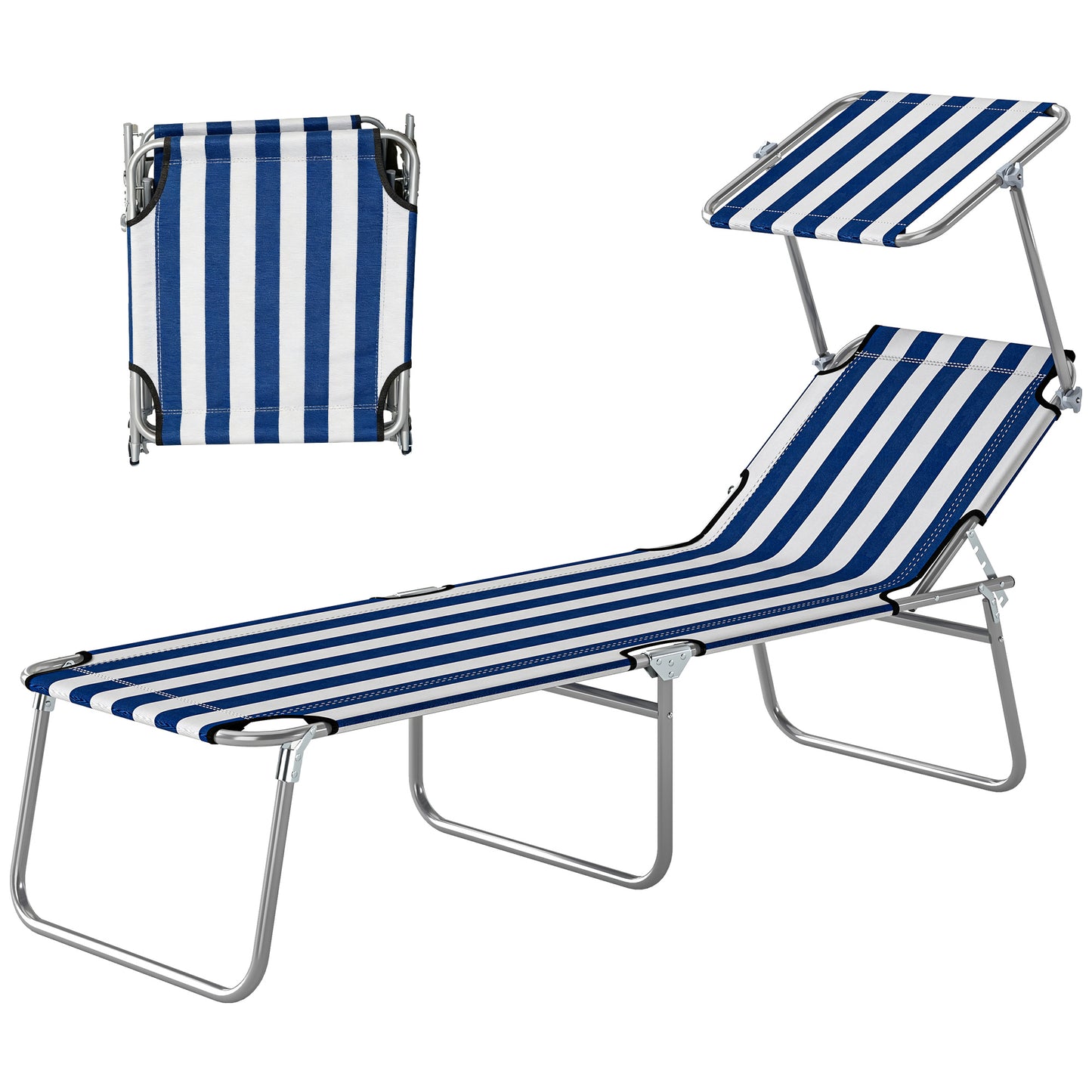 Web Based Outdoor Pool Chaise Lounge Chair, Folding Tanning Chair with Sun Shade, Blue and White