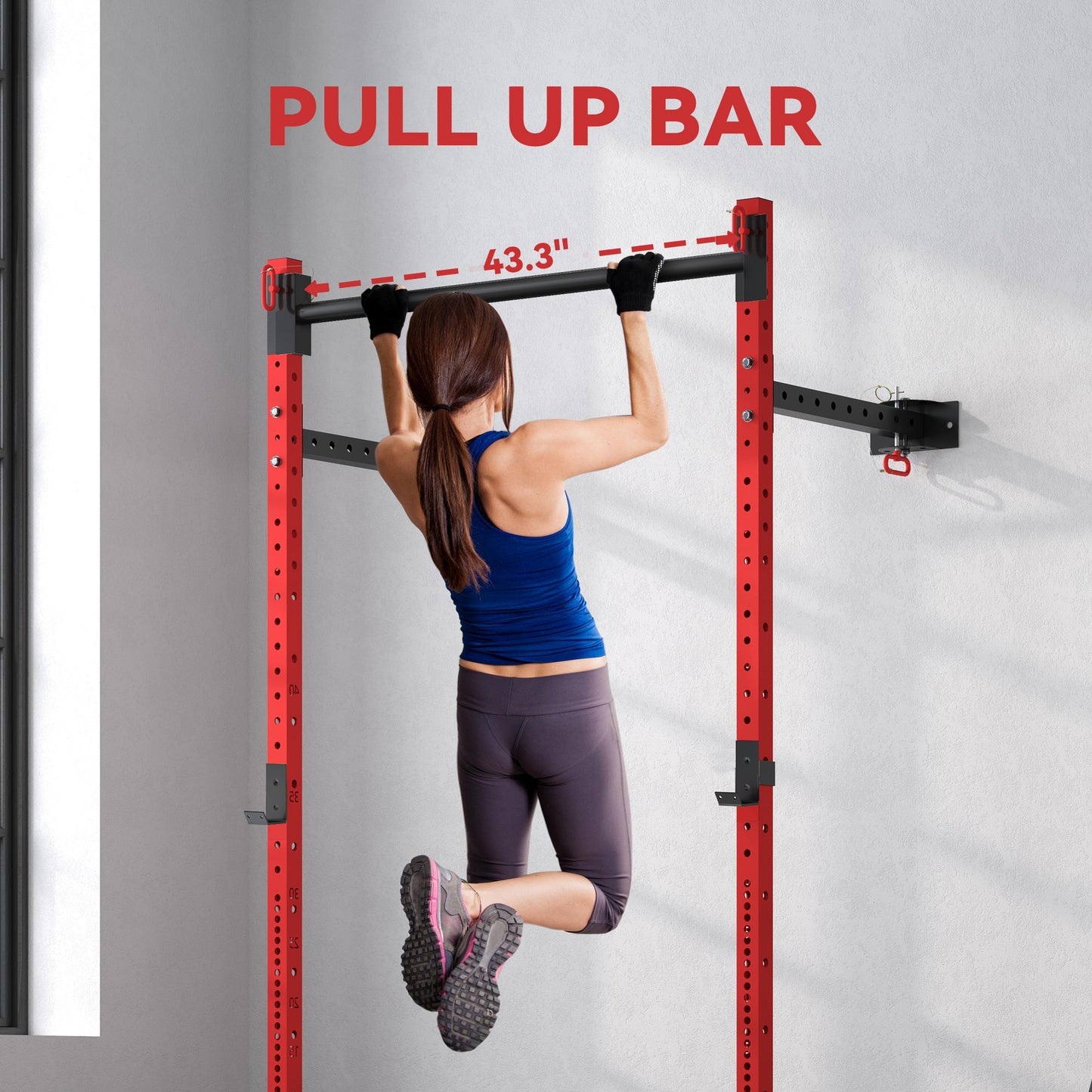 Web Based Folding Squat Rack with Pull Up Bar, Wall Mounted and Adjustable, 1000 Pounds Capacity Power Rack, Red