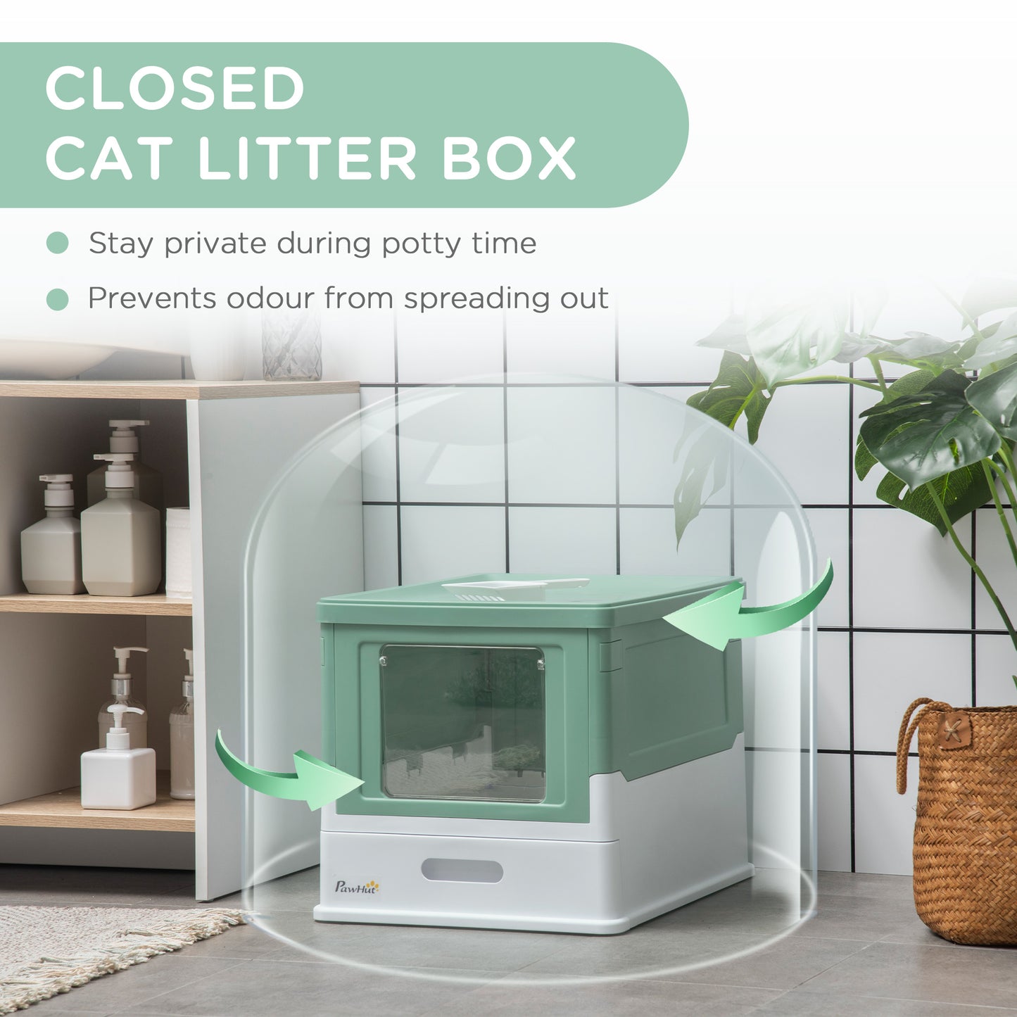 Web Based Fully Enclosed Cat Litter Box with Front Entry and Top Exit, Plastic, Green & White