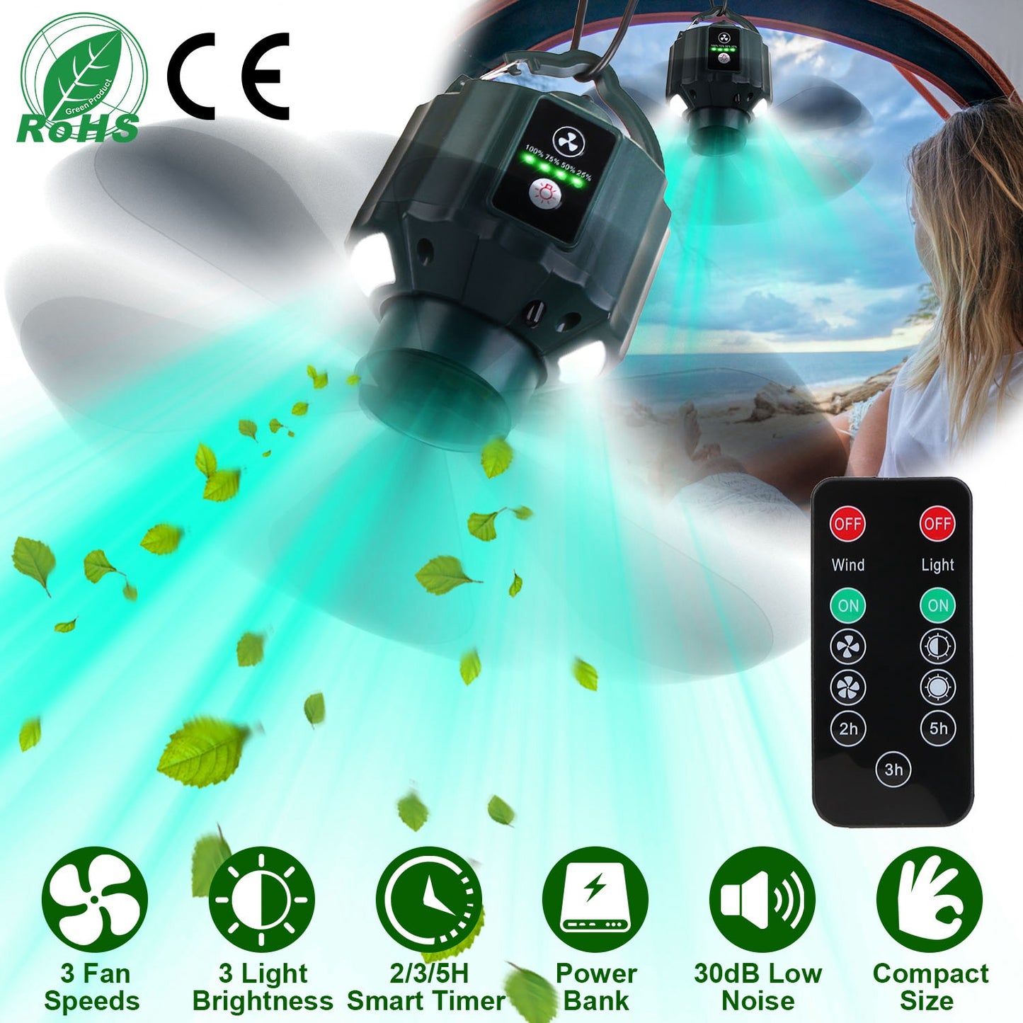 Web Based Portable Camping Ceiling LED Fan  USB Battery Powered Hanging Tent Lantern Fan Power Bank With 3 Fan Speed 3 Light Brightness Smart Timer Remote Control