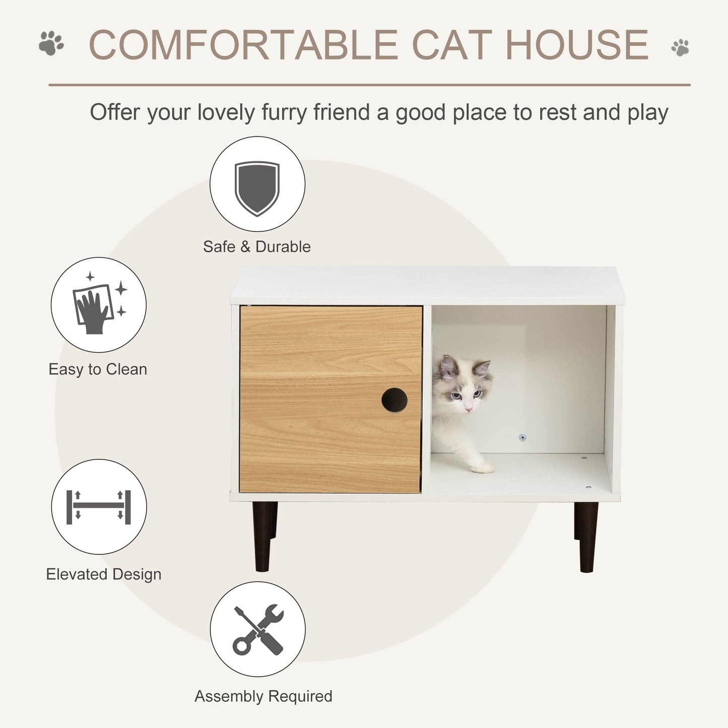 Web Based Wooden Cat House with Soft Cushion, Decorative Kitten Condo Side Table, Elevated Pet House with Storage Space