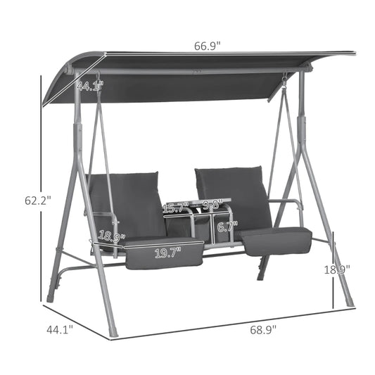 Web Based 2-Seater Outdoor Porch Swing With Canopy And Table, Patio Swing Chair For Garden, Poolside, Backyard, Gray