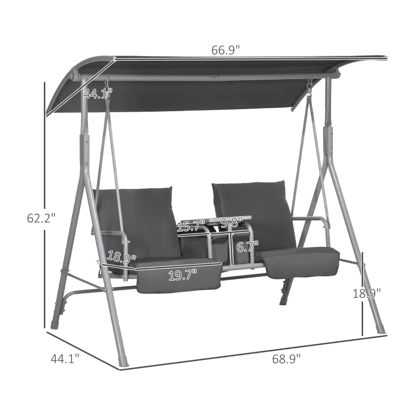 Web Based 2-Seater Outdoor Porch Swing With Canopy And Table, Patio Swing Chair For Garden, Poolside, Backyard, Gray