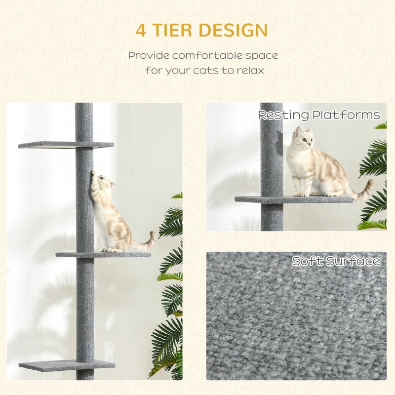 Web Based PawHut Floor-to-Ceiling Cat Tree Cat Climbing Tower With Sisal-Covered Scratching Posts Natural Cat Tree Activity Center For Kittens Cat Tower Furniture, Grey