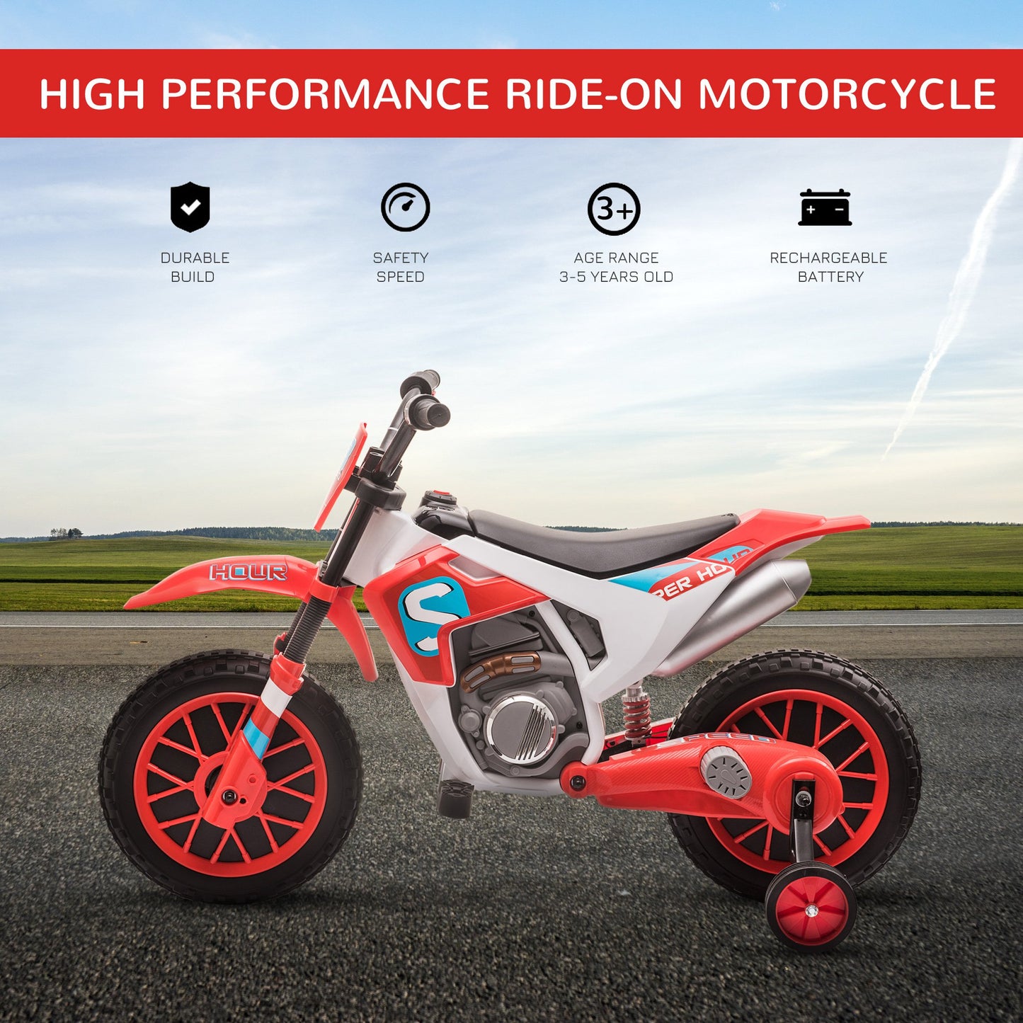Web Based 12V Electric Kids Ride On Dirt Bike Motorcycle Toy w/ Training Wheels, Red