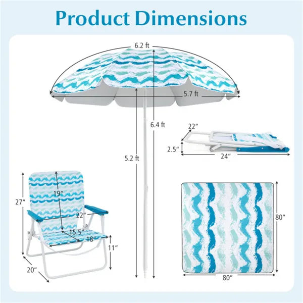 Web Based 4-Piece Beach Set With 6.2ft Sun-Proof Umbrella, 2 Folding Chairs & 80 X 80 Waterproof Blanket-Blue