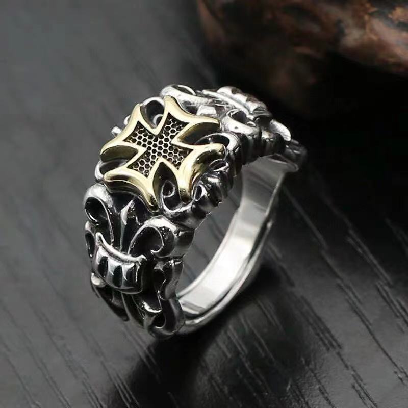 Web Based S925 Silver Punk Men's Cross Ring Anchor Flower