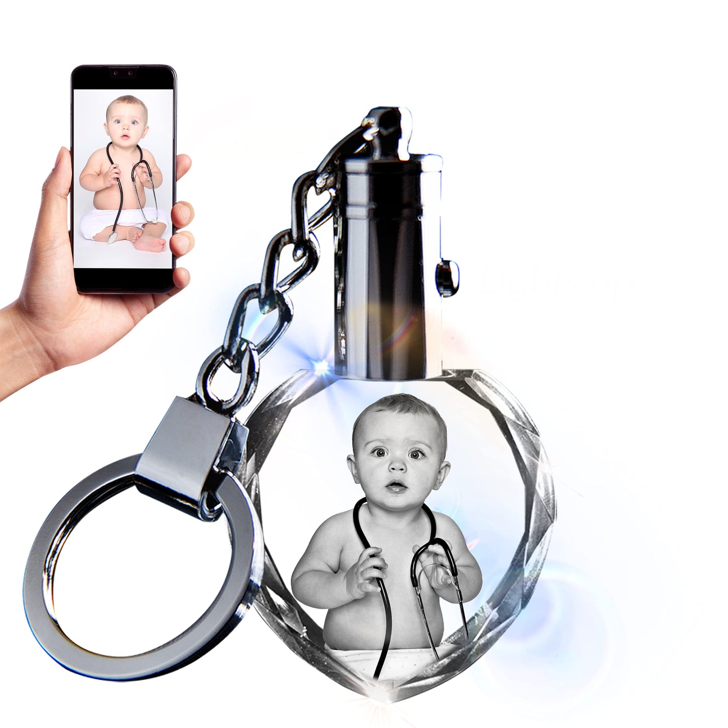 Web Based Crystal Keychain Customization Custom Photo Couple Family Souvenir Gift Laser Carve Crystal Keychain Photo Colorful LED Light Key Chain