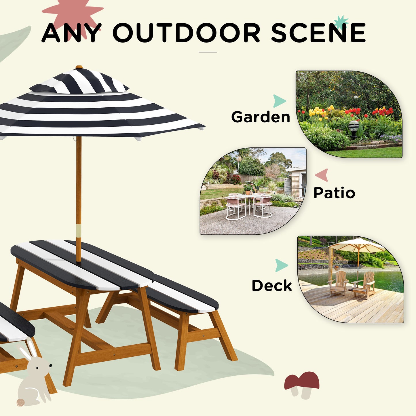 Web Based Kids Table and Chair Set Wooden Kids Outdoor Table Set with Removable Umbrella for 4 Kids Ages 3-8 Years Old
