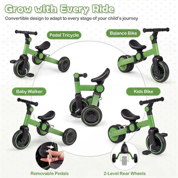 Web Based 5-In-1 Foldable Toddler Tricycle, Adjustable Handlebar & Ergonomic Seat With Removable Pedals - Green