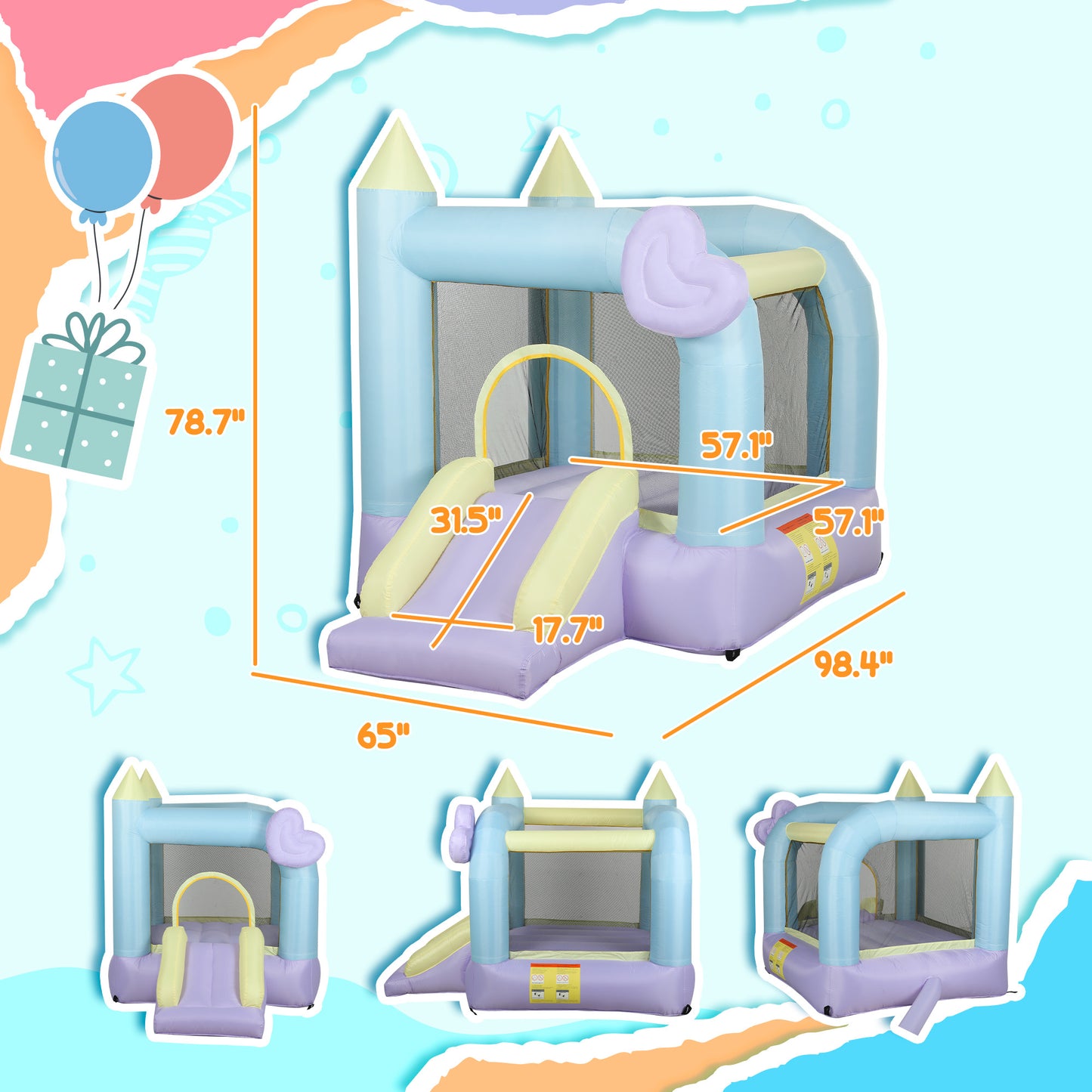 Web Based Inflatable Bounce House with Air Blower, Slide, Stakes, Repair Patches, Storage Bag, for Kids Ages 3-8, 98" x 65" x 79"