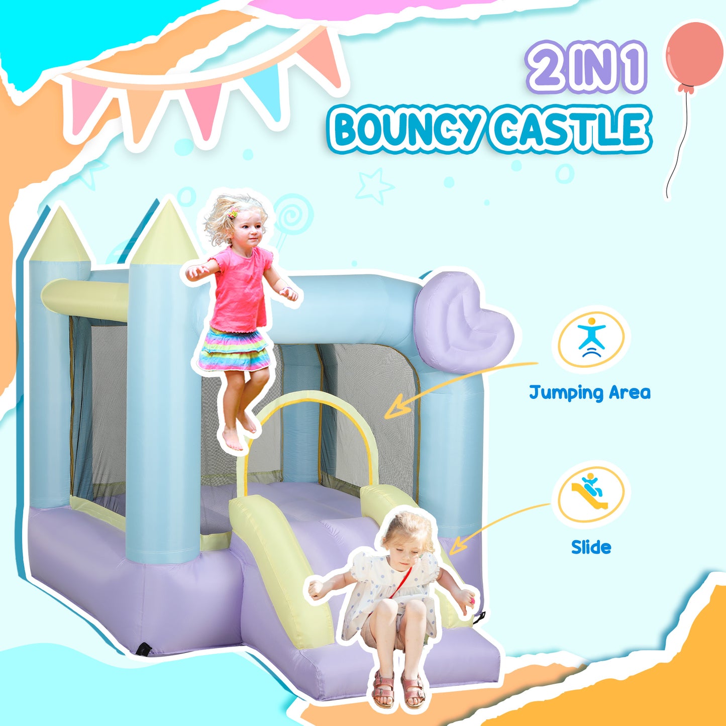 Web Based Inflatable Bounce House with Air Blower, Slide, Stakes, Repair Patches, Storage Bag, for Kids Ages 3-8, 98" x 65" x 79"