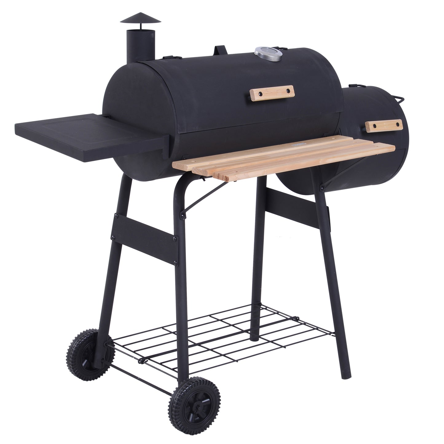 Web Based Charcoal BBQ, Portable Grill with Wheels, All-in-One Grill, Side vent, Two Shelves and Metal Grating, Lit-Mounted Thermometer, Wooden Handle, for Outdoor Cooking, Black