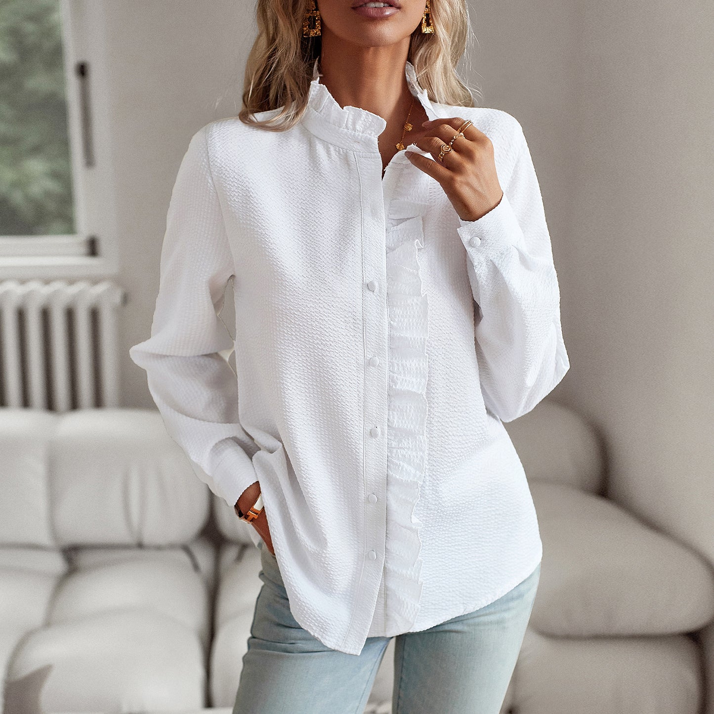 Web Based Striped Long Sleeve Shirt Fashion Ruffle Design Button Up Tops Casual Office Blouse Elegant Commuting Women's Clothing