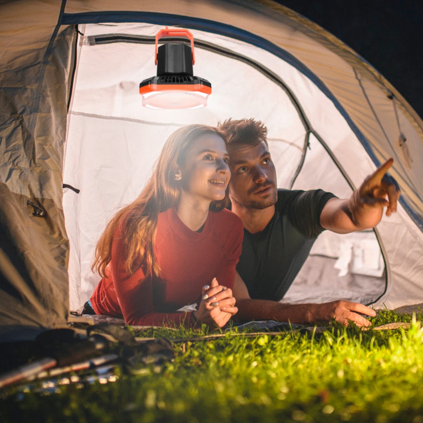 W eb Based Portable Camping Lantern Fan Battery Powered Hanging Fan USB Rechargeable Tent Fan With 4 Light Modes 3 Wind Modes Emergency Power Bank Remote Control Hanging Hook