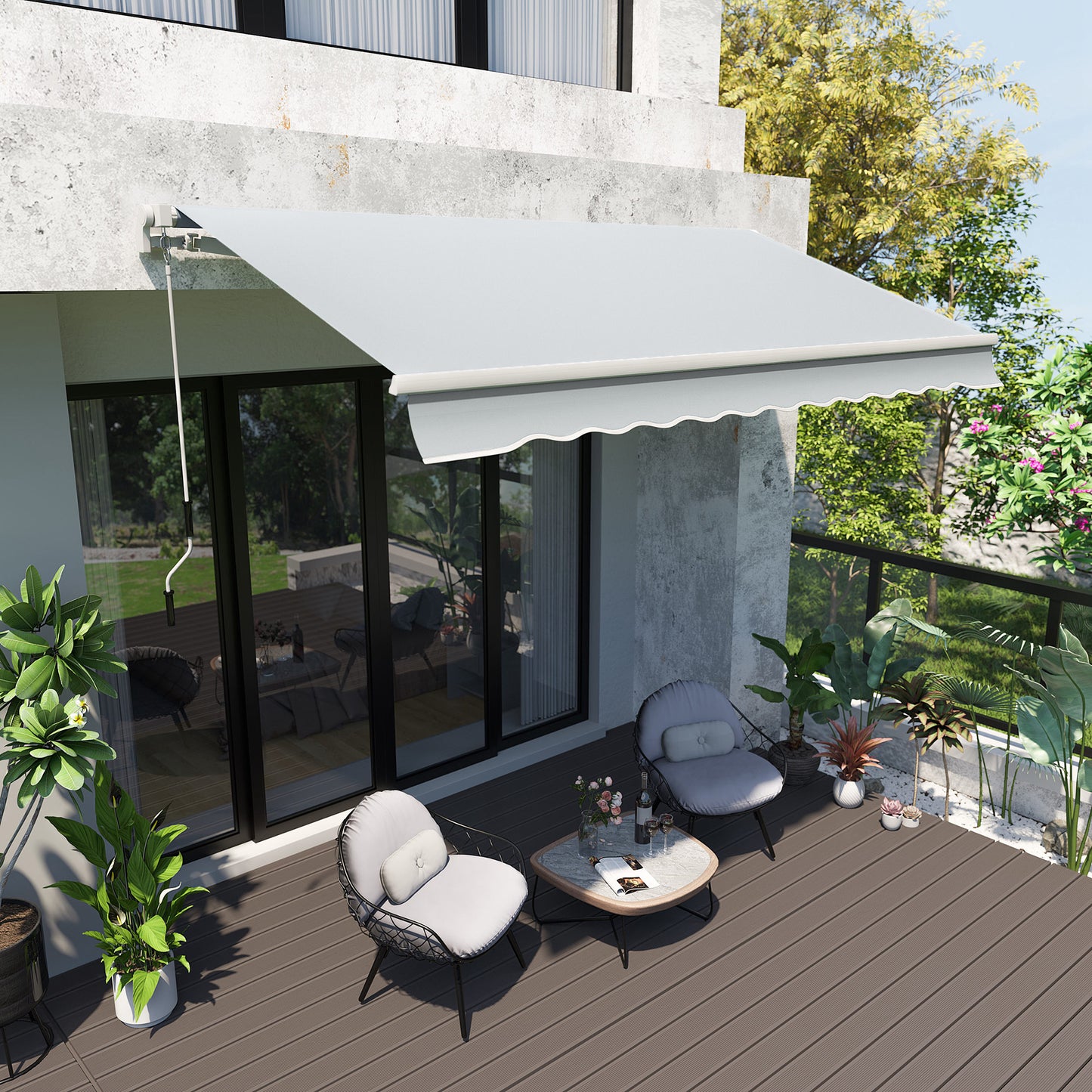 Web Based 12' x 8' Retractable Awning Patio Awnings Sun Shade Shelter with Manual Crank Handle, 280g/m² UV & Water-Resistant Fabric and Aluminum Frame for Deck, Balcony, Yard, Light gray