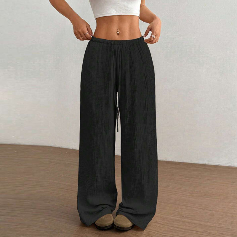 Web Based Plus Size Women's Solid Color High-Waisted Wide Leg Pants Drawstring Waist Casual Trousers For Spring And Autumn