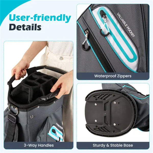 Web Based 14-Way Golf Cart Bag - 6 Zippered Pockets+Cooler Pocket, Waterproof Zippers, Gray+Blue