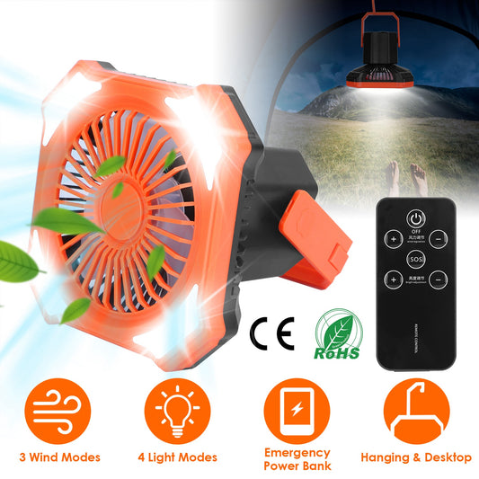W eb Based Portable Camping Lantern Fan Battery Powered Hanging Fan USB Rechargeable Tent Fan With 4 Light Modes 3 Wind Modes Emergency Power Bank Remote Control Hanging Hook