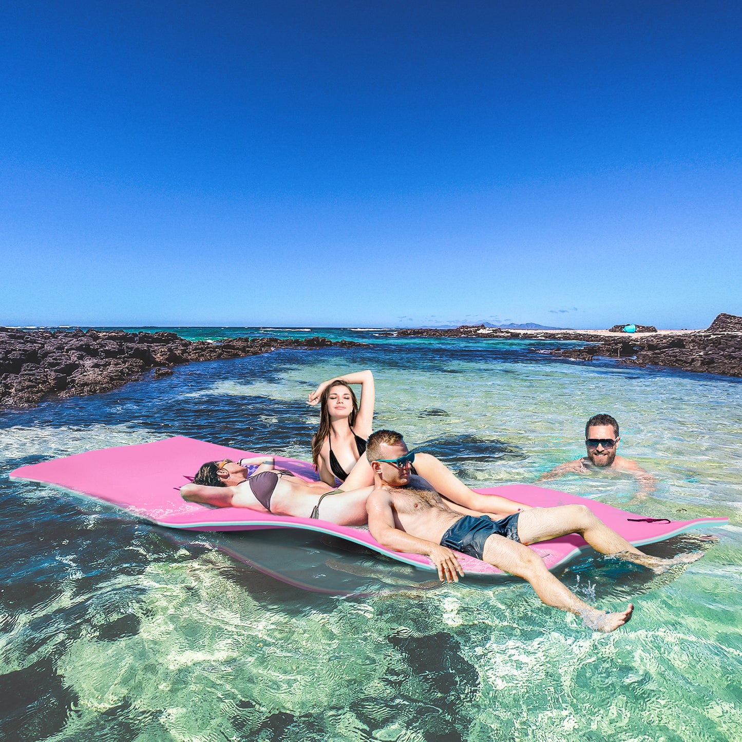 Web Based 12' x 5' Lily Pad Floating Mat with Cup Holder Table, 3-Layer Portable Roll-Up Water Mat Float Dock for 2-3 People, on Lake, River, Beach, Swimming Pool, Pink
