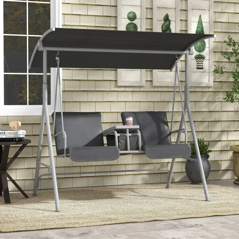 Web Based 2-Seater Outdoor Porch Swing With Canopy And Table, Patio Swing Chair For Garden, Poolside, Backyard, Gray
