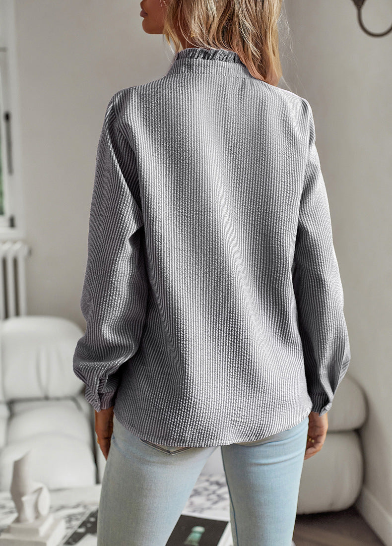 Web Based Striped Long Sleeve Shirt Fashion Ruffle Design Button Up Tops Casual Office Blouse Elegant Commuting Women's Clothing