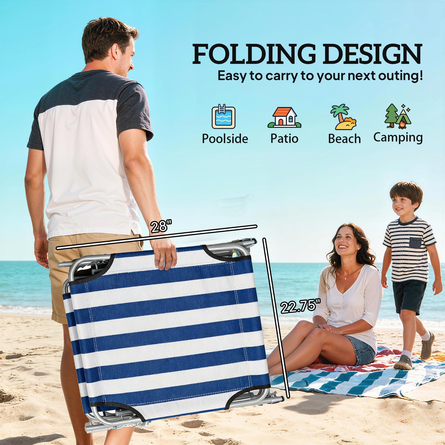 Web Based Outdoor Pool Chaise Lounge Chair, Folding Tanning Chair with Sun Shade, Blue and White