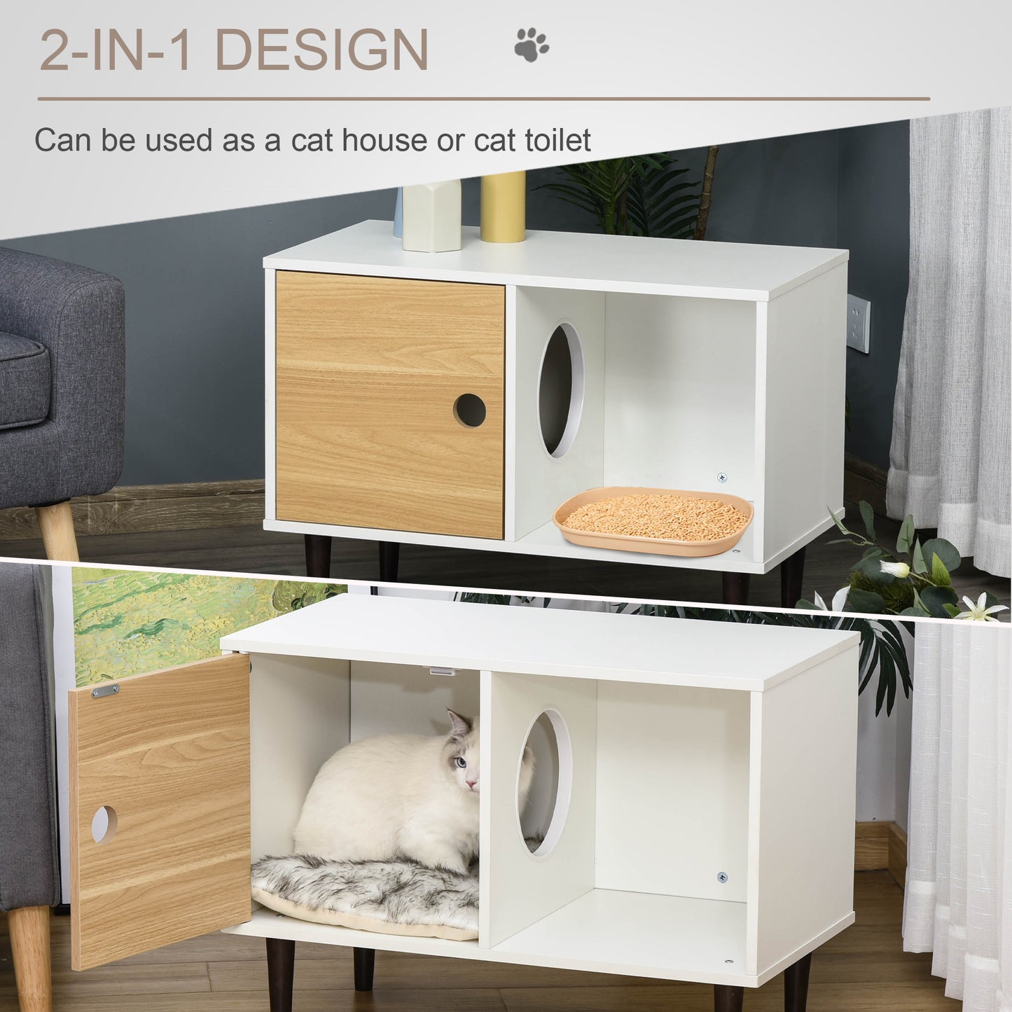 Web Based Wooden Cat House with Soft Cushion, Decorative Kitten Condo Side Table, Elevated Pet House with Storage Space