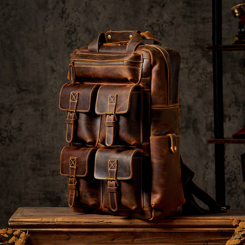 Web Based Men's Large Capacity Retro Outdoor Travel Leather Backpack