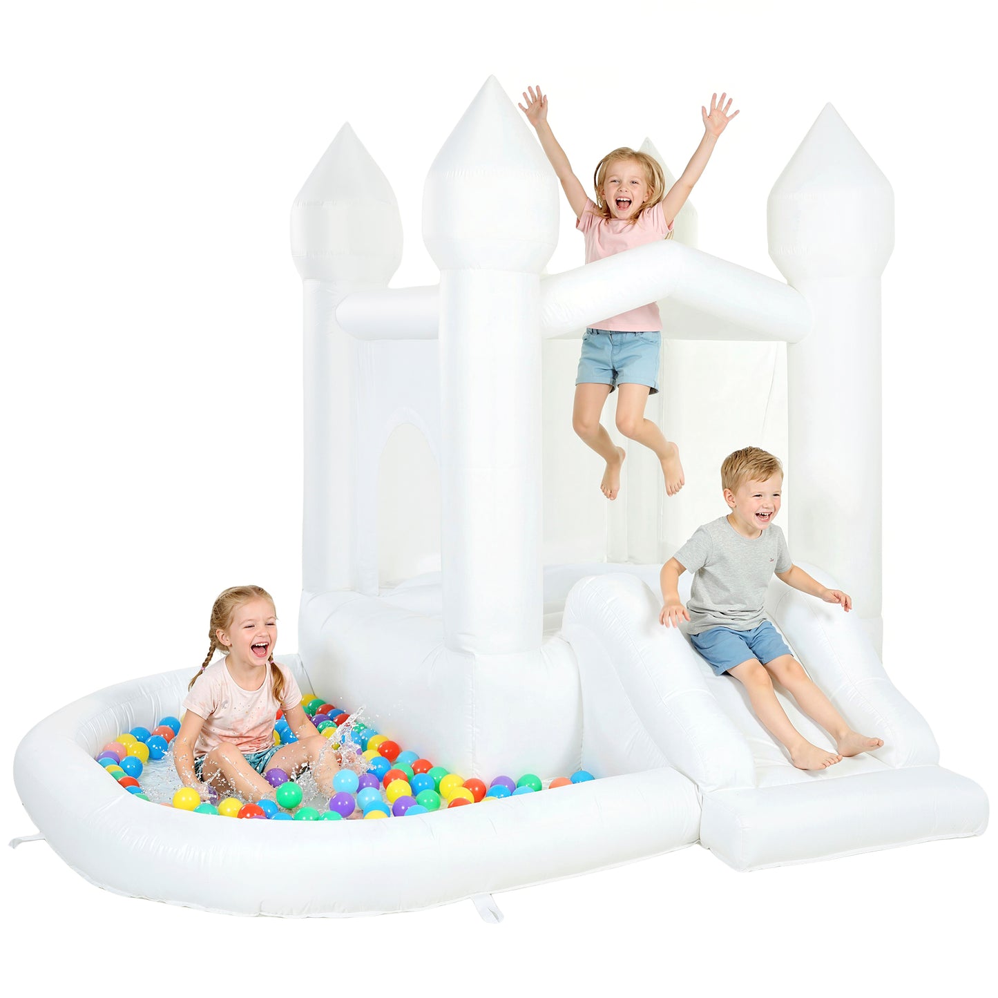 Web Based Inflatable Bounce House, 3-in-1 White Castle Bouncy House with Slide, Ball Pit and 370W Blower for Kids Ages 3-8, White